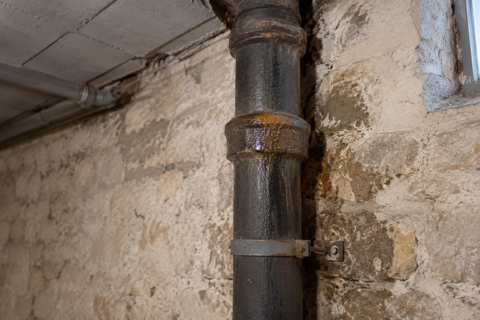 Emboîtement humide sur une colonne en fonte dans une cave